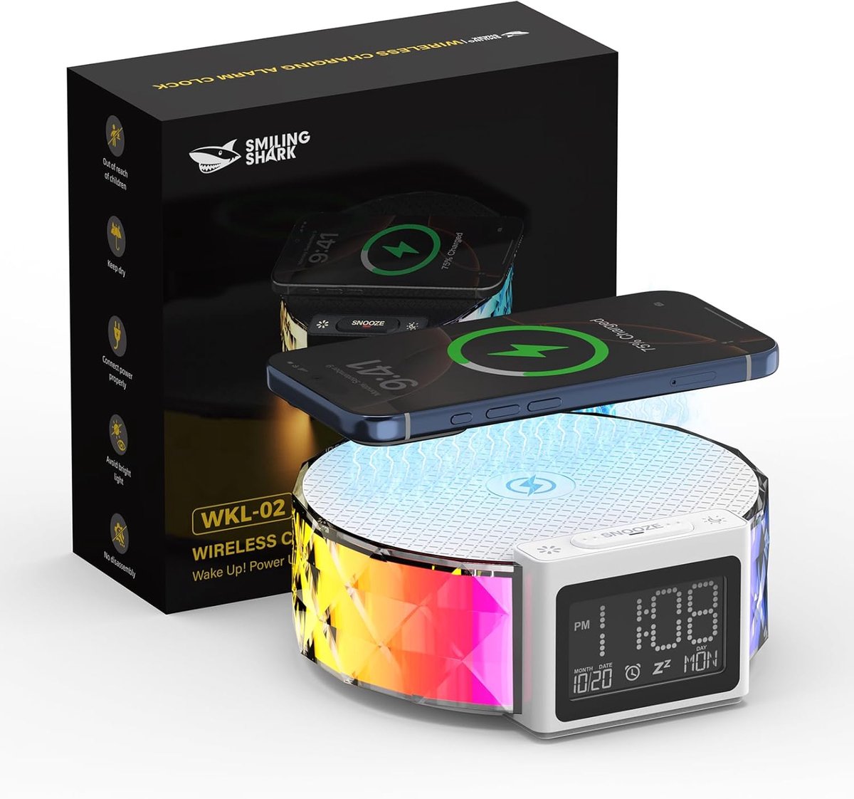 SnelShoppen - Smiling Shark Lichtwekker met Draadloos Laadstation, Touch-Bediening, LCD-Display, 3 Niveaus Warm Licht, RGB-modus, Ideaal als Nachtlamp