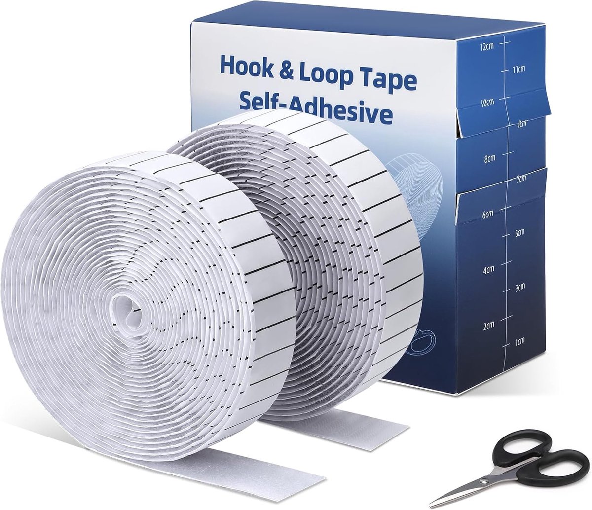 Thijox - Klittenband 2 Rollen (2,5 cm x 5 m) Zelfklevende Strips met Schaar en Rasterrug voor Doe-het-zelf, Wandmontage, Horren, Wit