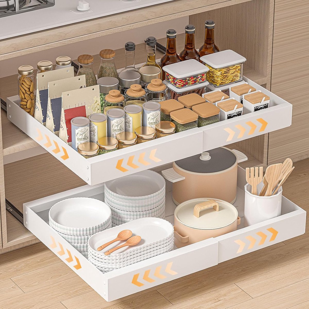 Thijox - 2 Stuks Telescopische Keukenlade Uittrekbaar 52 cm Diepte - Organizer voor Kast zonder Boren - Verstelbare Breedte 32 cm-53 cm - Wit - Ideaal