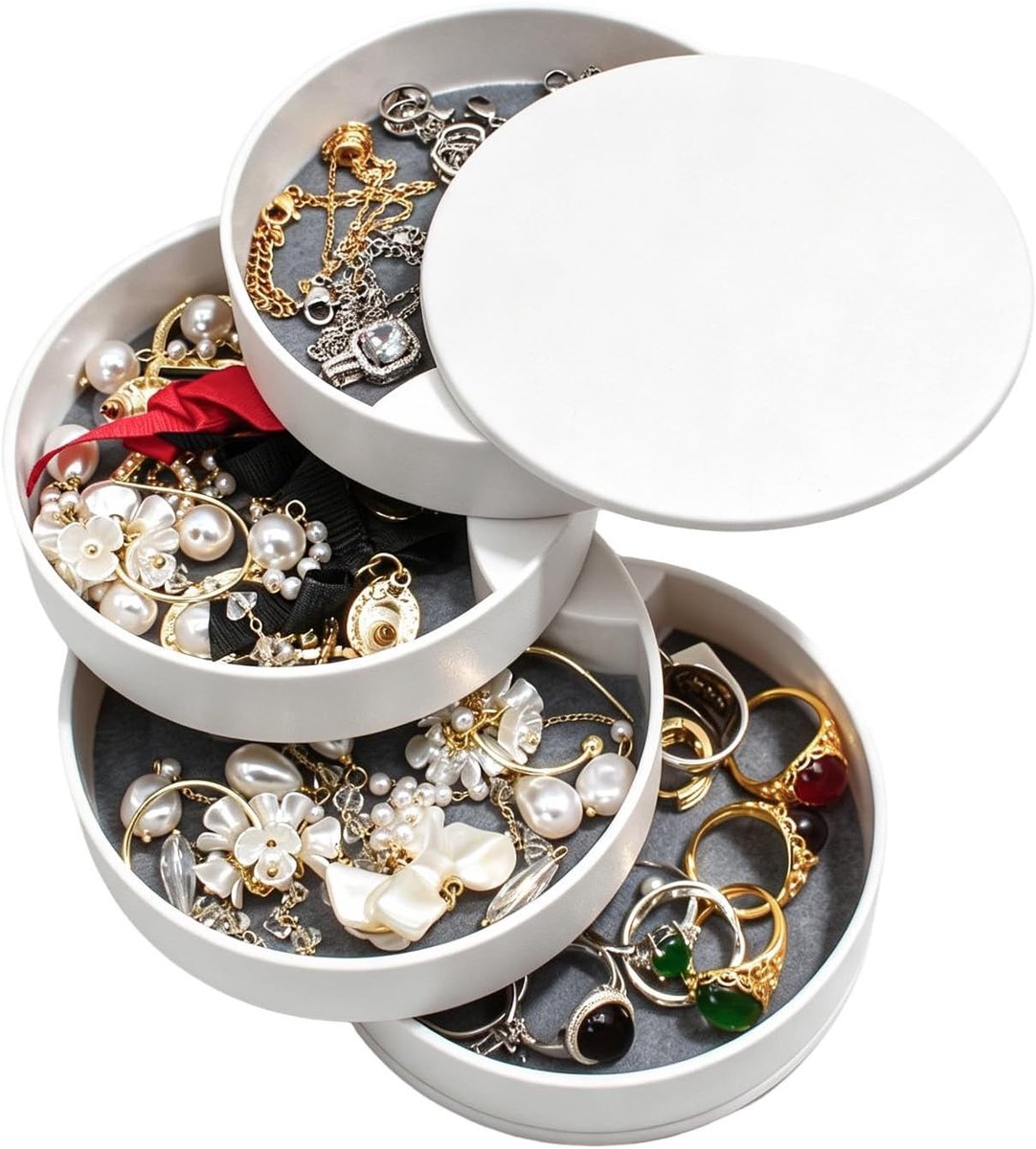 Roterende sieradenorganizer met 4 lagen, compacte doos voor oorbellen, armbanden en kettingen, ideaal voor dames, met deksel en stijlvolle opslagoplossing