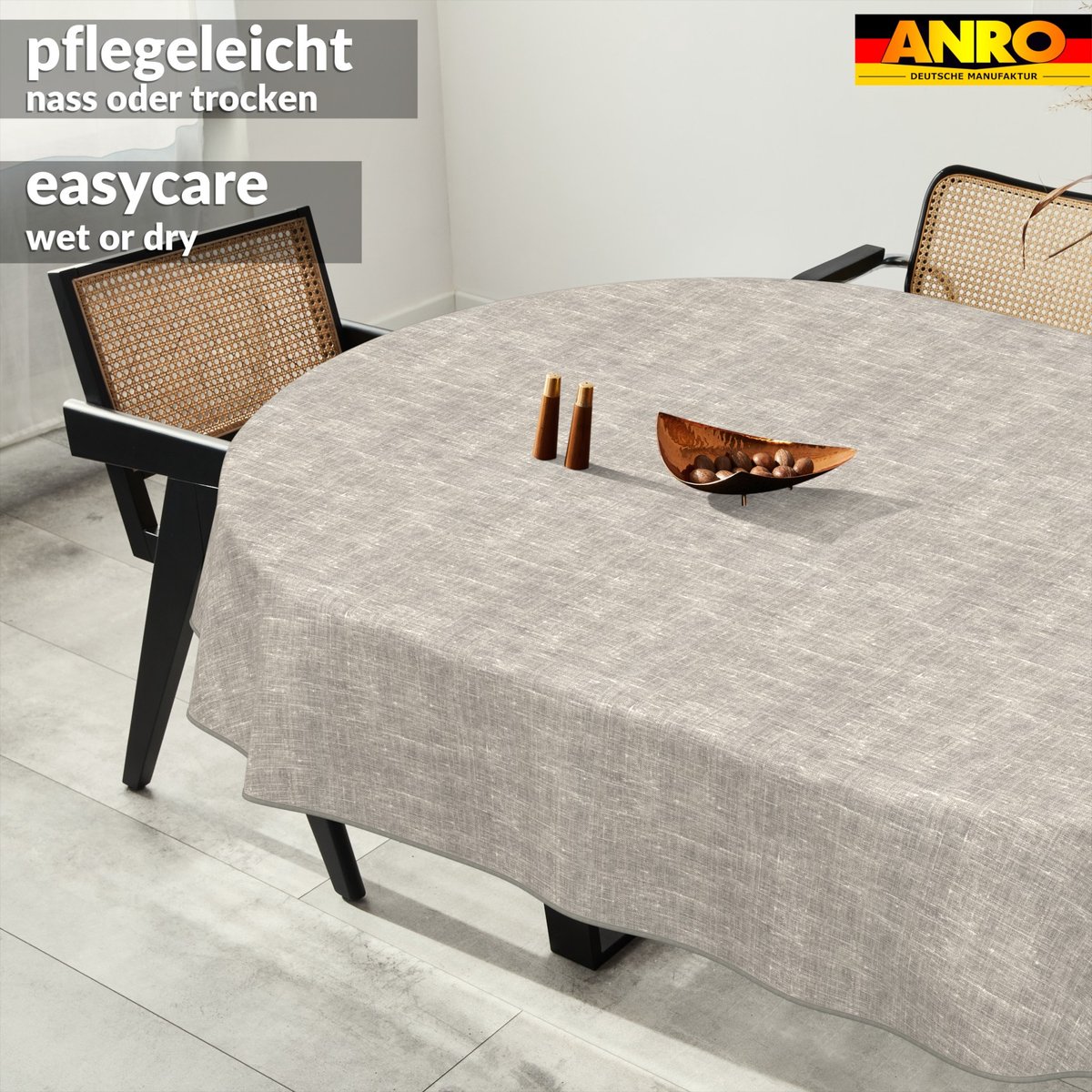 ANRO Tafelkleed Effen linnenlook Grijs Ovaal 180x140cm Met sierband Afwasbaar Waterafstotend