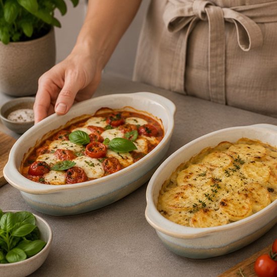 Twee ovale ovenschalen, één met caprese en één met aardappelgratin.