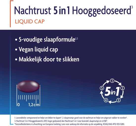 Een donkerpaarse liquid cap van 1,2 cm, afgebeeld met liniaal. Bevat de 5in1 slaapformule.