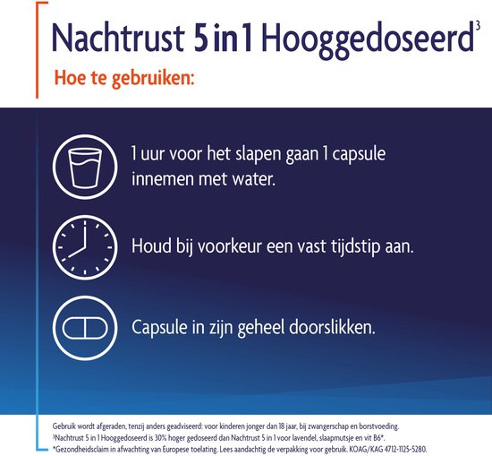 Gebruiksaanwijzing voor Shiepz Nachtrust 5 in 1: 1 capsule innemen met water, tijdstip aanhouden, capsule heel doorslikken.
