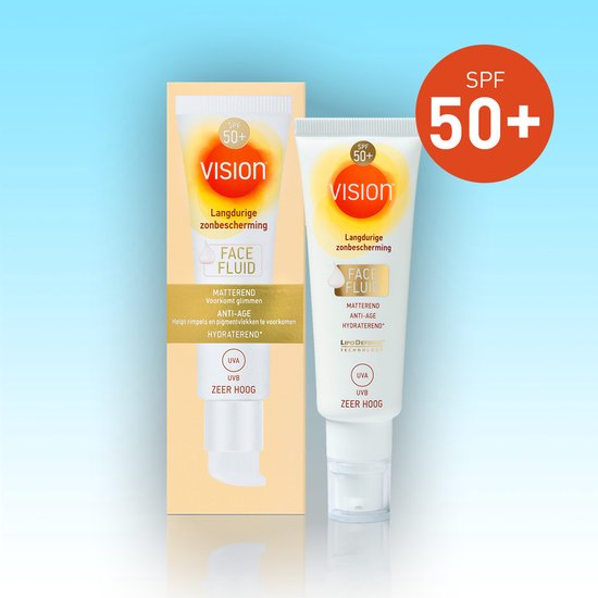 Vision Face Fluid SPF 50+ zonnebrandcrème in witte tube en gele doos. "Langdurige zonbescherming", "Matterend", "Anti-Age", "Hydraterend".