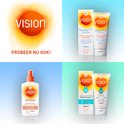 Collage met Vision zonnebrandproducten: Expert Sensitive, Natural Bronze spray, Extra Care.