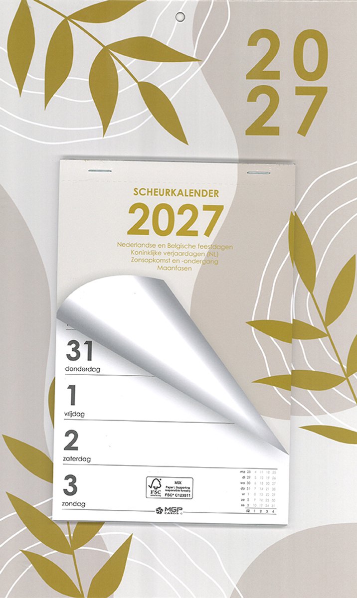 MGPcards - Week Scheurkalender 2027 - Week begint op maandag - 21 x 34 cm - Beige - Bladeren