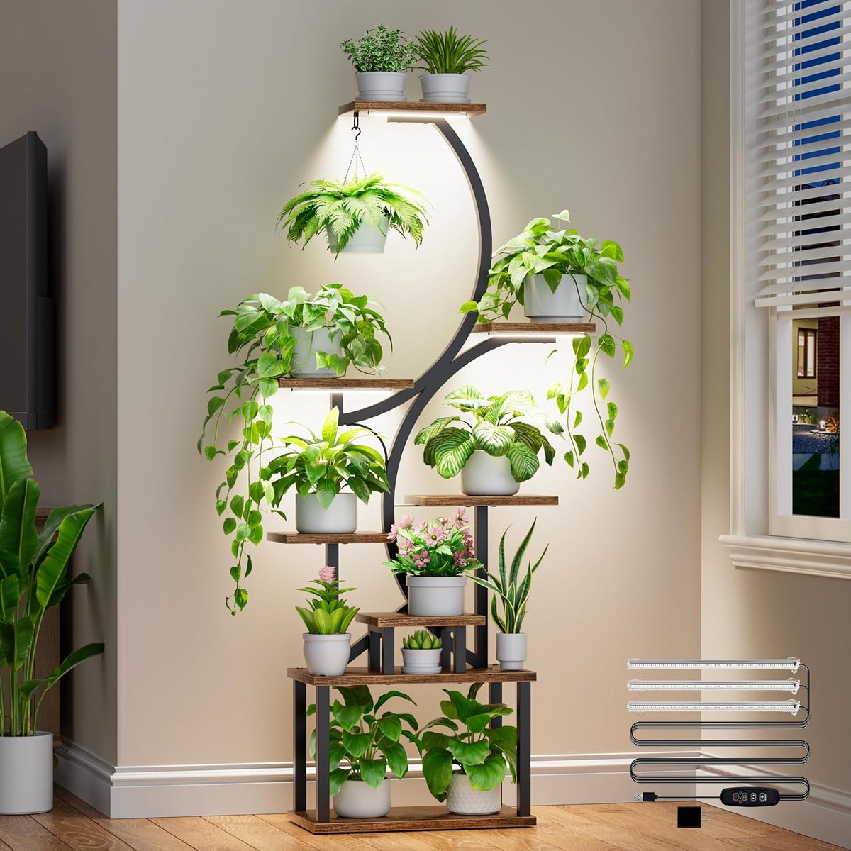 plantenstandaard voor binnen met kweeklampen, plantenrek van 157,5 cm hoog, verlicht hoekrek voor planten, voor binnenteelt, 8 lagen, groot, S-vormig, decoratief, rek voor woonkamer, zwart