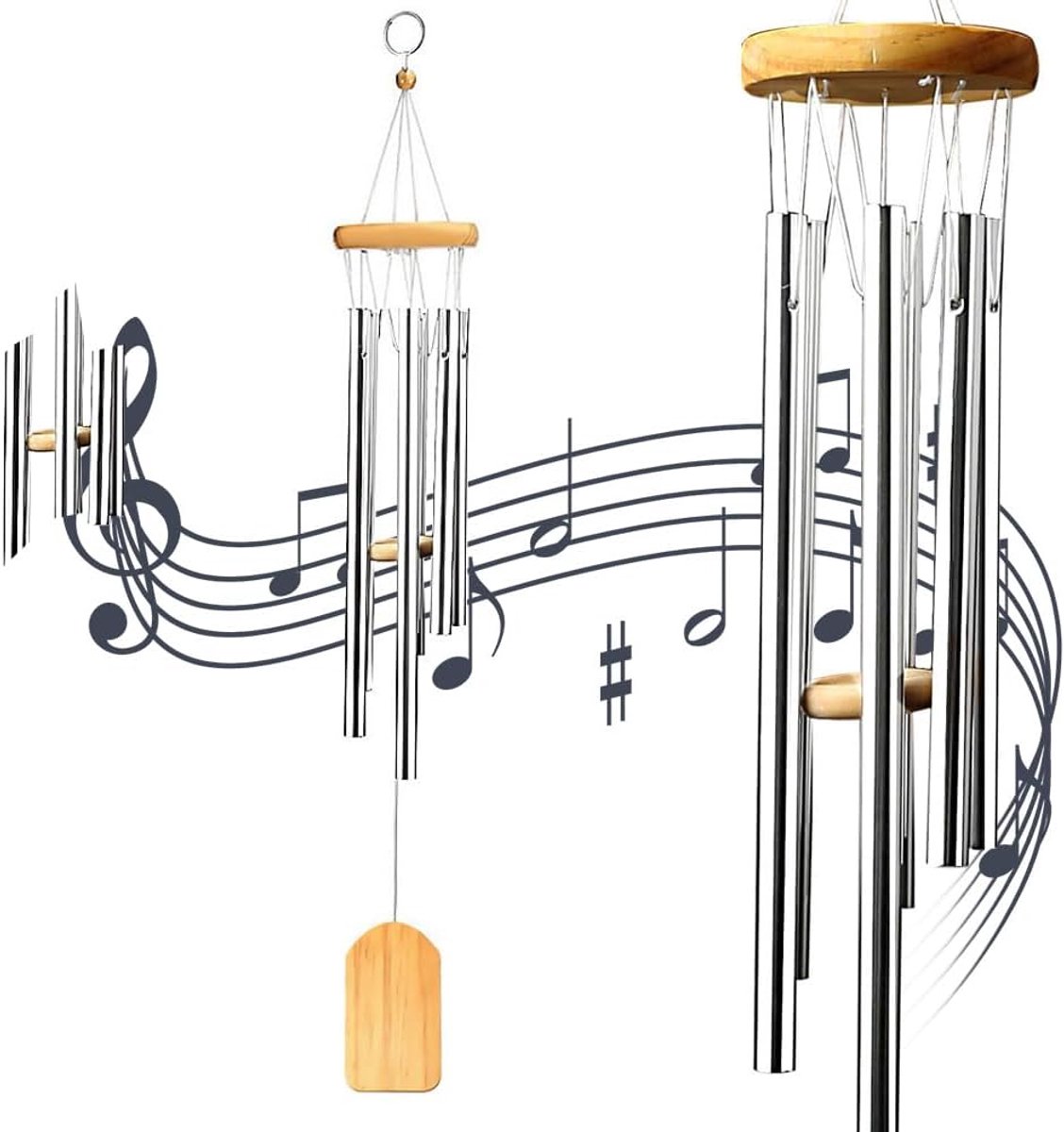 Wind-klokkenspel, 65 cm, windgong van hout, met 6 holle buizen, aluminium, decoratieve klokkenspel voor buiten, om op te hangen, voor ornamenten, terras, tuin, huis