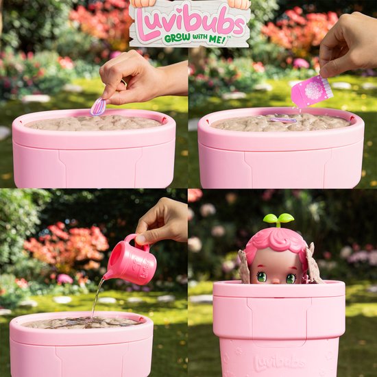 Vier afbeeldingen tonen het plantproces van een Luvibub pop. Zaadjes in pot, water geven, pop die uit pot groeit.