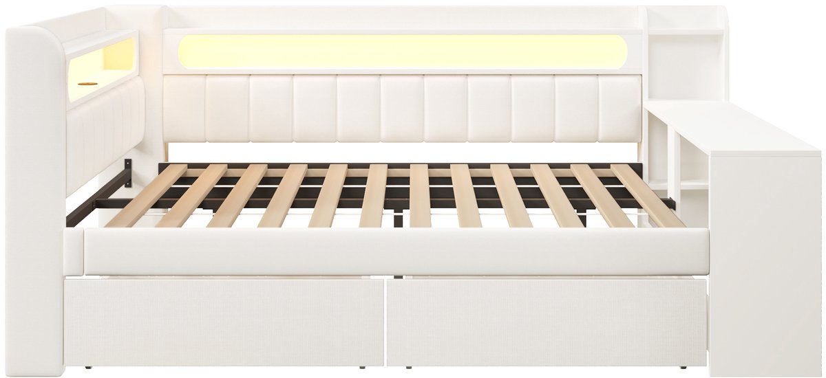 Slaapbank 140x200 cm - Gestoffeerd bed 140x200 cm - Tweepersoonsbed 140x200 cm - Met LED verlichting - USB aansluiting - 2 lade - Wit