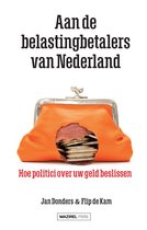 Boek 'Aan de belastingbetalers van Nederland' met oranje portemonnee met gat en munten.