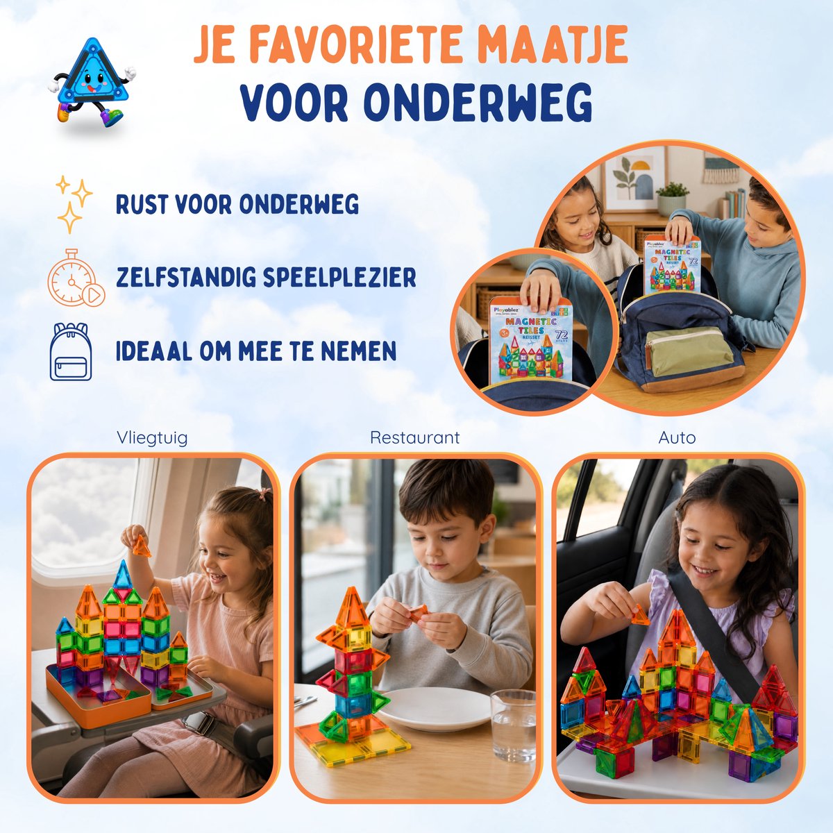 Playablez Mini Magnetic Tiles Travel Set - 72 Stuks - Magnetische Tegels Reisset met Opbergblik - Reisspeelgoed voor Onderweg - Magnetisch Bouwspeelgoed Montessori Speelgoed voor in de Auto in het Vliegtuig - Magna Magneten Speelgoed Jongens Meisjes — cadeau in Spellen & Speelgoed - foto 6