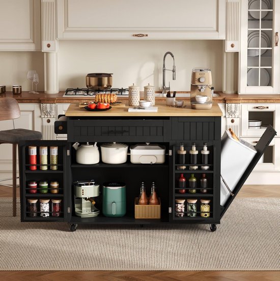 OKWISH Keukeneiland Op Wielen - Met Opklapbaar Werkblad - 130 x 45 70 x 93 cm - 1 Lade 2 Deuren - Verborgen Afvalvak - MDF Zwart van okwish — afbeelding 2