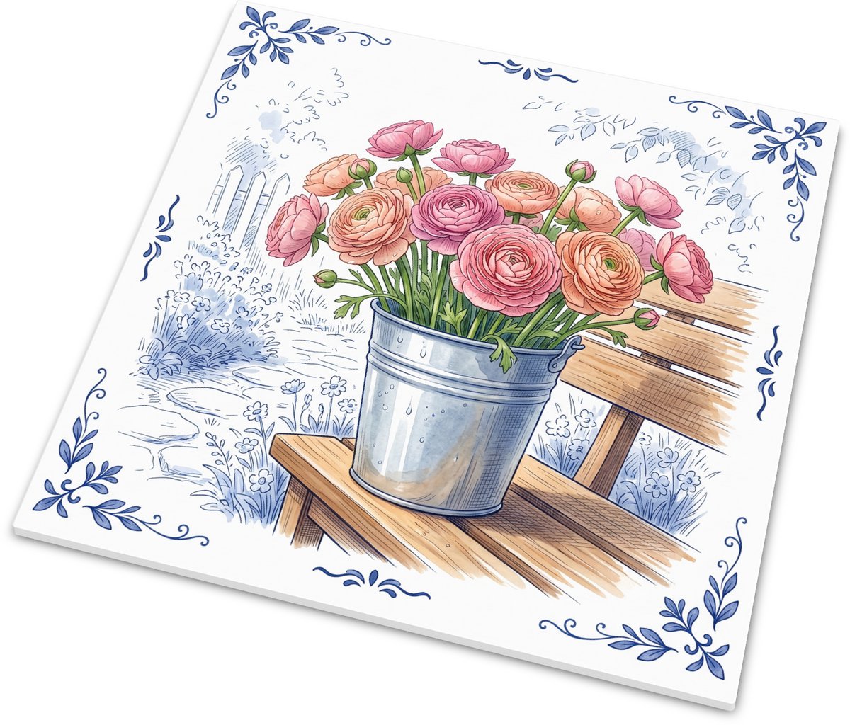Glanzend tegeltje met weelderig boeket roze ranonkels in zinken emmer op houten tuinbank R