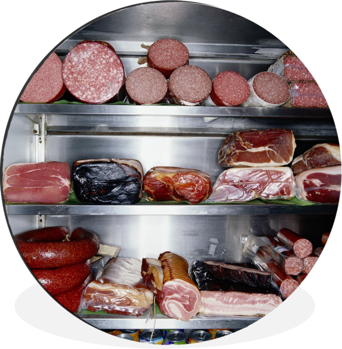 WallCircle - Wandcirkel - Muurcirkel - Een koelkast vol met delicatessen van de slager - Aluminium - Dibond - 60x60 cm - Binnen en Buiten