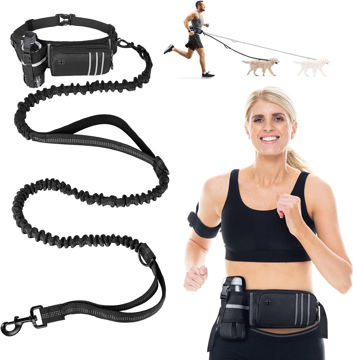 Jogginglijn voor honden, handsfree hondenriem met buikriem, schokdemping, reflecterend, dubbele handgreep voor grote, middelgrote en kleine honden, joggen, wandelen, hardlopen