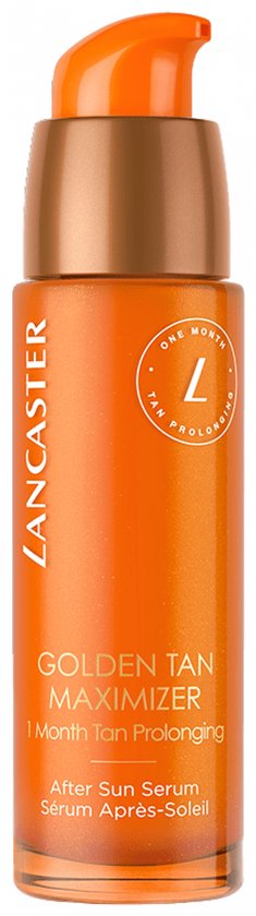 Oranje Lancaster serumfles met gouden dop, 'Golden Tan Maximizer' erop.