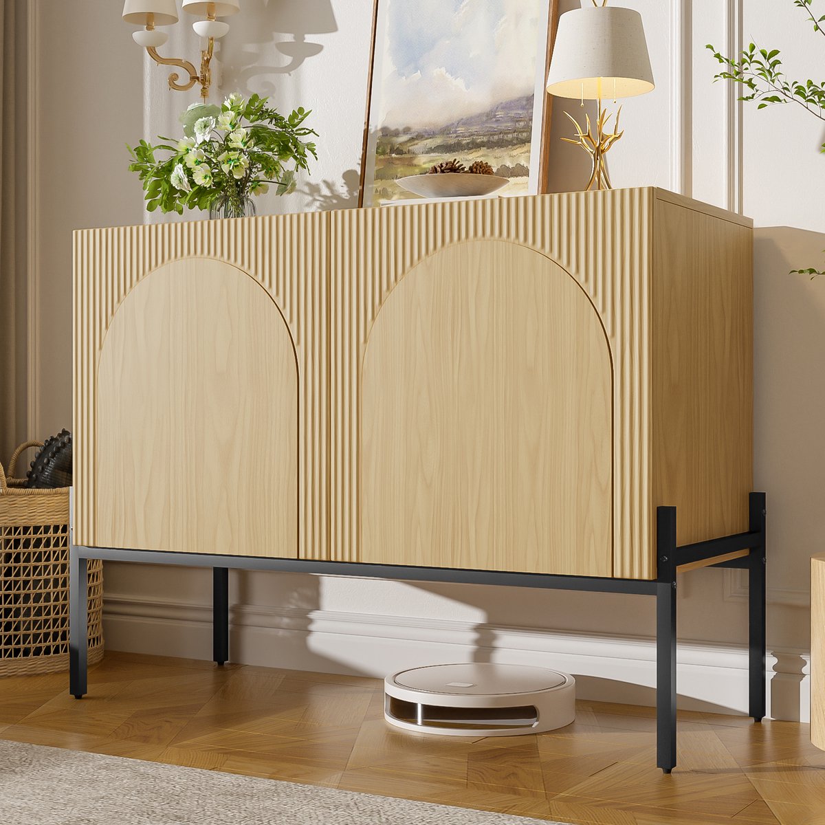 REDOM - Sideboard - Dubbele deuren en opbergruimte - Metalen poten - Modern minimalistisch boogdesign - Woonkamer - Spaanplaat - Naturel - 100 x 40 x 75 cm