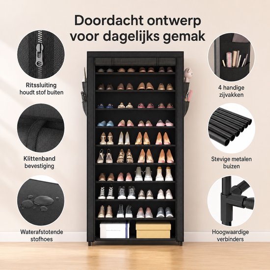 Details van het zwarte schoenenrek: ritssluiting, klittenband, waterafstotende stof, zijvakken en metalen buizen.
