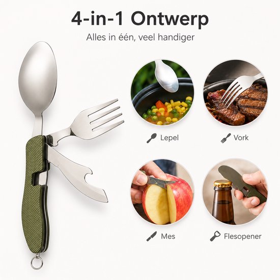 BOTC Campingbestek Set Inklapbaar - 4in1 - Set van 2 stuks - RVS - Survival Outdoor Camping - Vork, Lepel & mes opener — afbeelding 2
