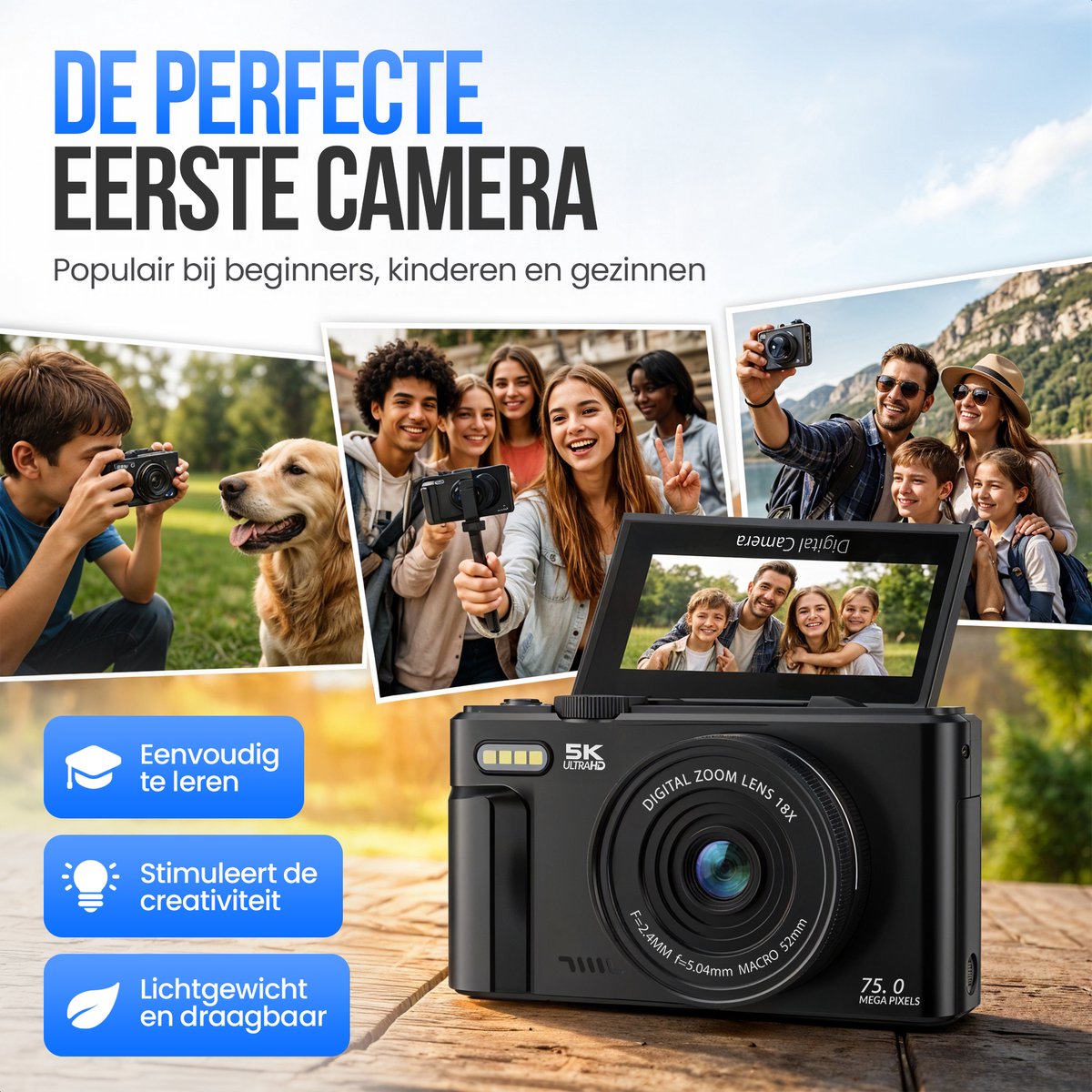 Strex Digitale Camera 5K 75MP - Fototoestel - 18x Zoom - Zwart thumbnail 3