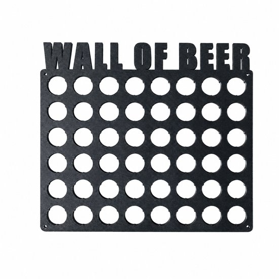 Zwarte "WALL OF BEER" display met 40 ronde uitsparingen voor bierdoppen.