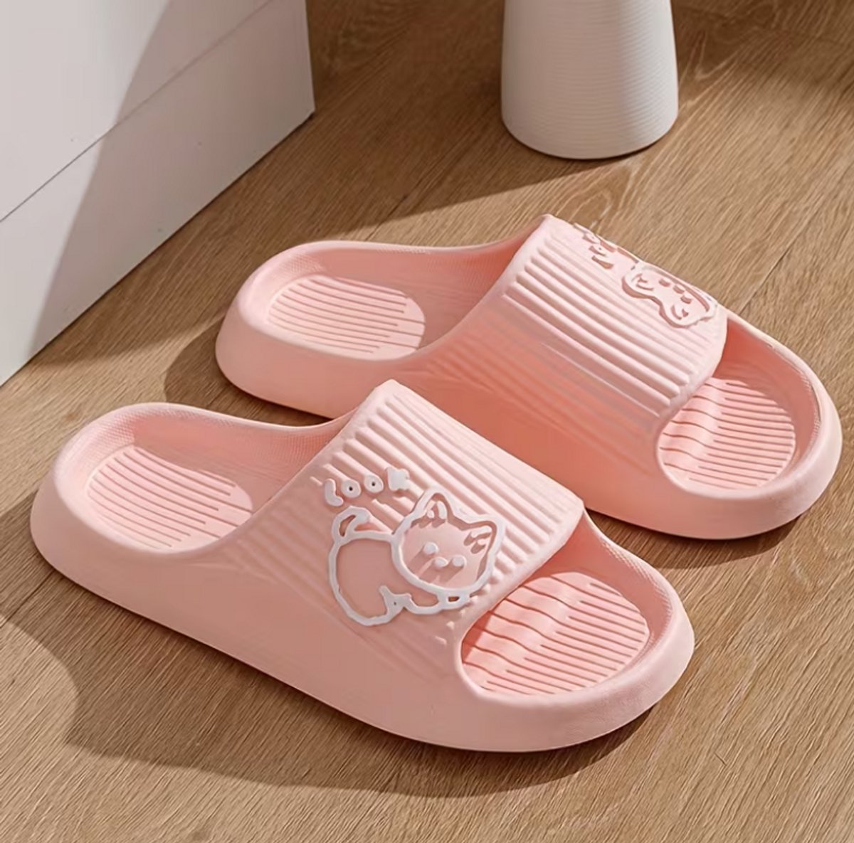 Roze badslippers heren en dames EVA instap slippers kattenprint antislip dik zool lichtgewicht open teen douche slippers geschikt voor binnen en buiten maat 39