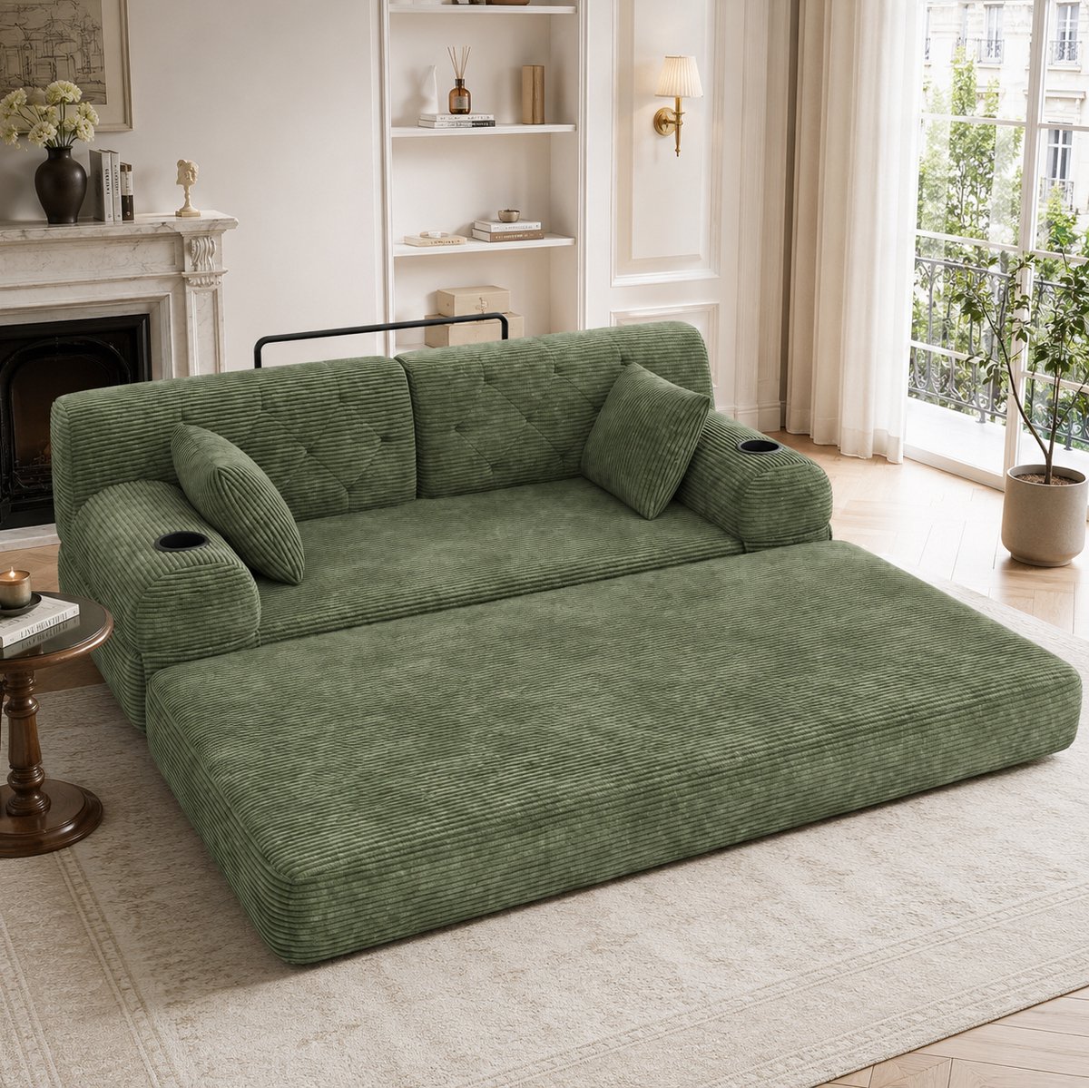 MIVRAY Slaapbank 168 x 80 x 81 cm - 2-Zits Met Slaapfunctie, Hoge Rugleuning En Bekerhouders - Voor Woonkamer - Cord Groen