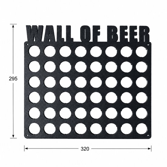 Zwarte "WALL OF BEER" display met 40 ronde uitsparingen voor bierdoppen, 32cm breed en 29.5cm hoog.