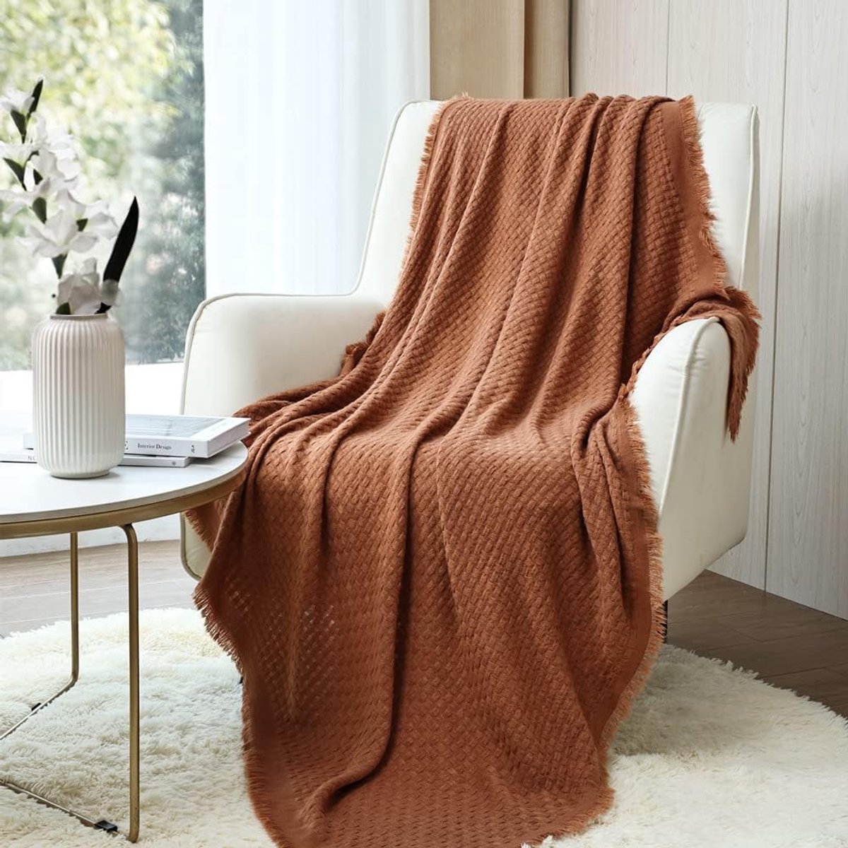 Boerderij Rust Gebreid Deken voor Bank Sofa Stoel Bed Home Decoratie, Zacht Warm Gezellig Licht Gewicht Textured Cover voor Lente Zomer Herfst (127cmX152cm Caramel/Bruin/Burnt Orange)
