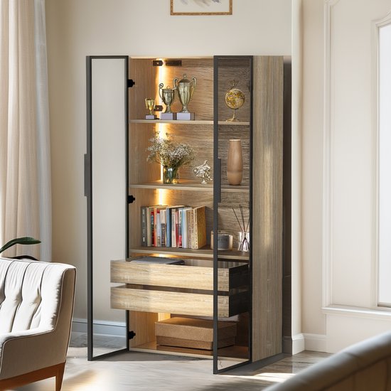 DESMIU Badkamerkast - Met Ledverlichting En Glazen Deuren - Voor Badkamer En Woonruimte - MDF Naturel - 74 X 36 X 155 Cm — afbeelding 3
