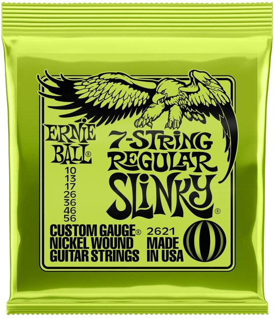 Ernie Ball 7-String Regular Slinky Gitaarsnaren, nickel wound, made in USA. Groen pak met adelaar opdruk.