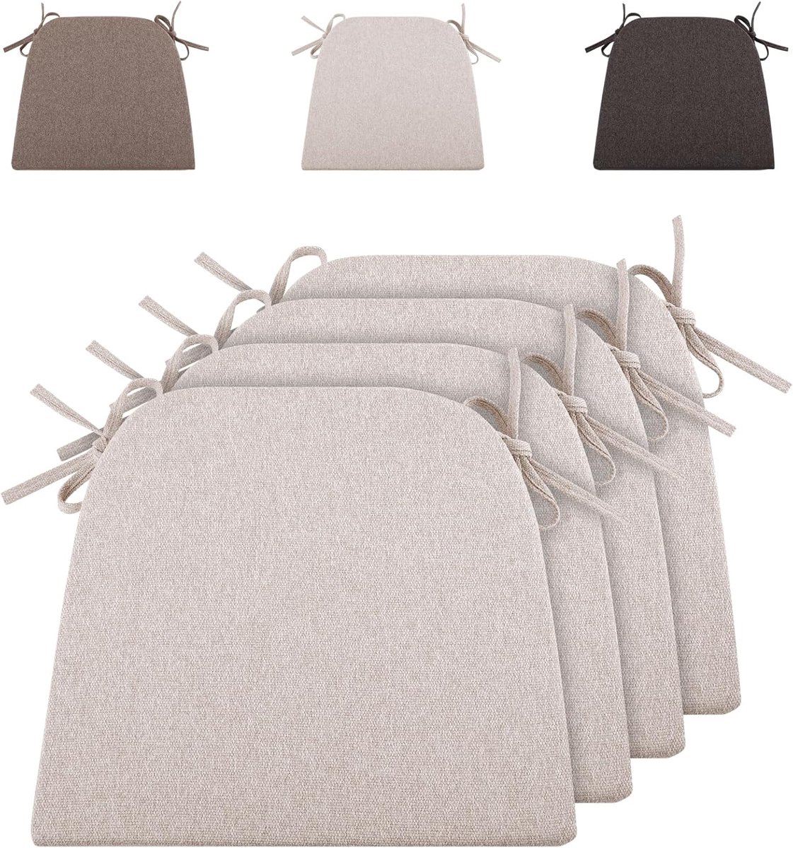 Stoelkussen, 43 x 41 cm, zitkussen voor tuinstoel, kussen voor rotanstoelen, buitenkussen met banden (beige, 4 stuks)
