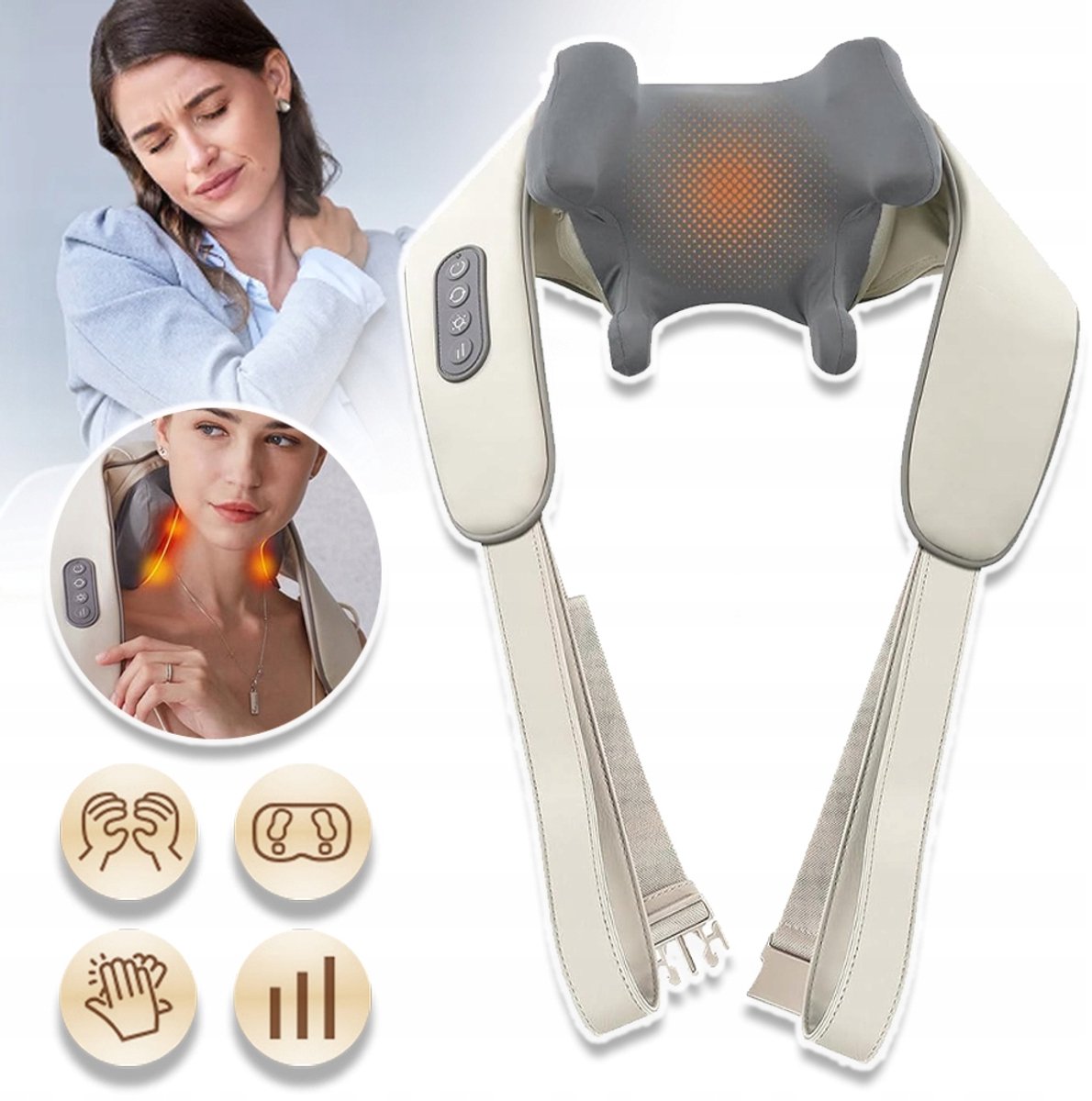 Massager Met 6D-Massagekop En Verwarmingsfunctie - 2000mAh Oplaadbaar 10-Minuten Timer - Diepe Weefselmassage Voor Nek Benen Armen Buik En Taille - Wit & Grijs