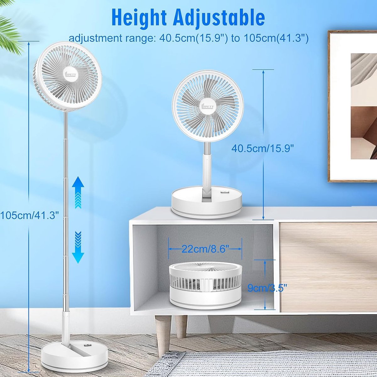 KZQ Oplaadbare Opvouwbare Oscillerende Ventilator 8 6 Inch Met 8000 Mah Batterij Usb C En Afstandsbediening Stil Tafel En Staand Model Voor Slaapkamer Kantoor Kamperen En Reizen Wit thumbnail 5