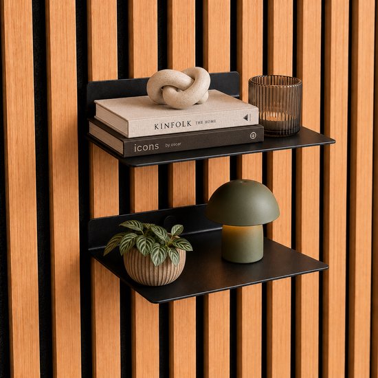 Wandplankjes voor Akoestische Panelen - metaal - 2 stuks - 15 cm - Zwart - Zonder Boren - Universeel 10-18 mm - Wandpanelen