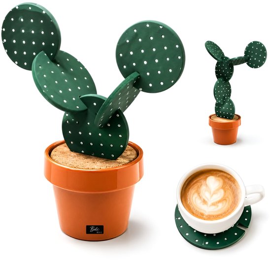 BOTC Dessous-de-verre avec Support - Ensemble de 6 - Dessous-de-verre Cactus - Dessous-de-verre étanches et résistants à la chaleur - Vert