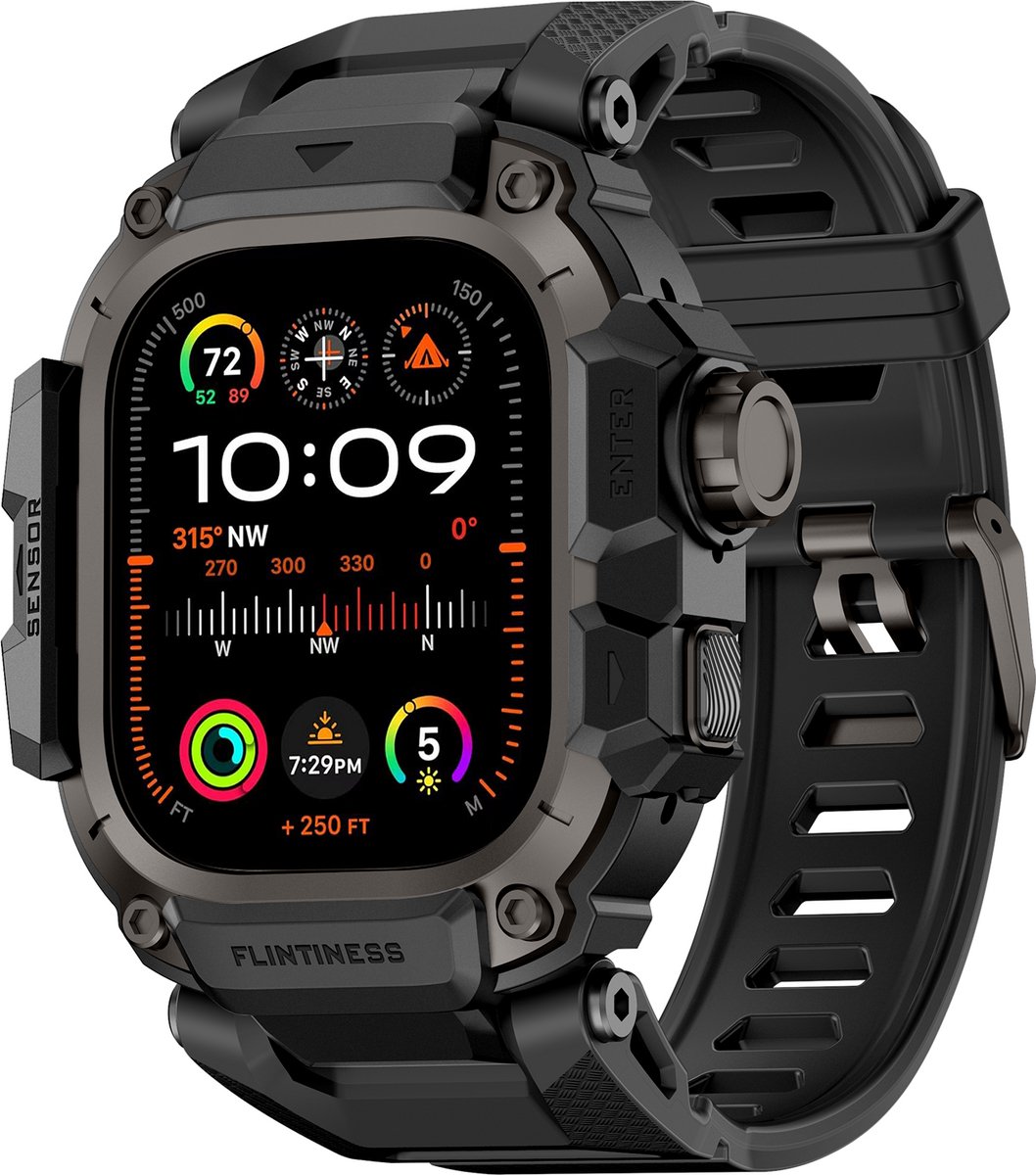 Stravo Metalen Beschermhoes met TPU Sport Bandje – Geïntegreerde Horlogeband – Geschikt voor Apple Watch Ultra 49mm (Ultra 3 / 2 / 1) – Rugged Design – Zwart