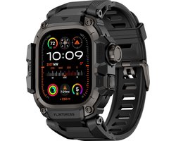 Stravo Metalen Beschermhoes met TPU Sport Bandje – Geïntegreerde Horlogeband – Geschikt voor Apple Watch Ultra 49mm (Ultra 4 / 3 / 2 / 1) – Rugged Design – Zwart