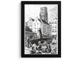 Poster in lijst - Fotolijst 20x30 cm - Posters - Zwart-wit illustratie van de grote markt in Rotterdam - Posterlijst zwart - Decoratie - Wanddecoratie woonkamer - Muurdecoratie slaapkamer