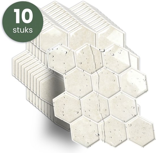 Stapel beige hexagon tegels met waterdruppels en een gebroken tegel. Cirkel met '10 stuks'.