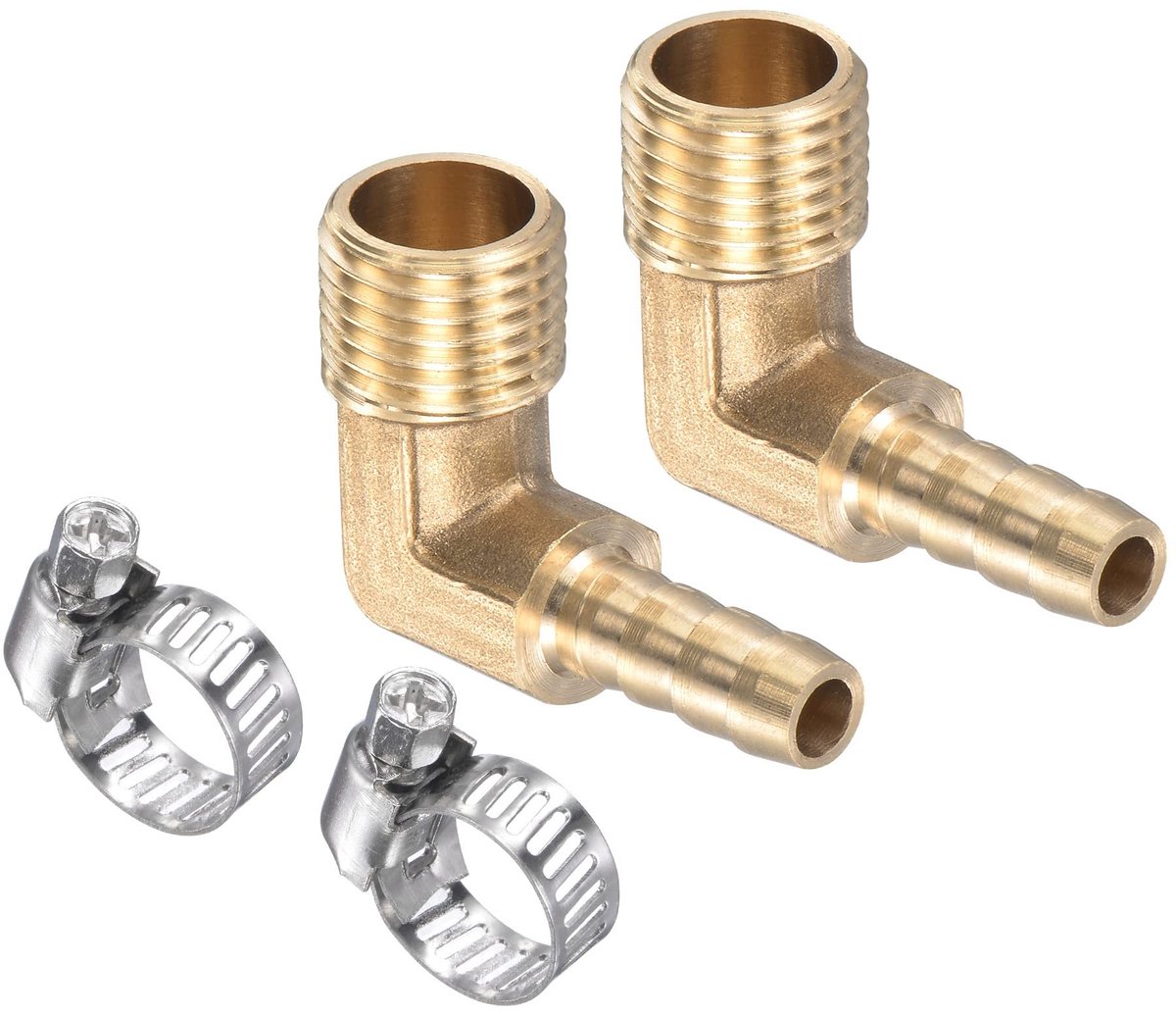 Dailygoods - M METERXITY 2 Pack messing slangweerhaakfittingen - 90 graden elleboog 6 mm messing buisconnector met slangklemmen zijn van toepassing op water (G1/4 buitendraad)