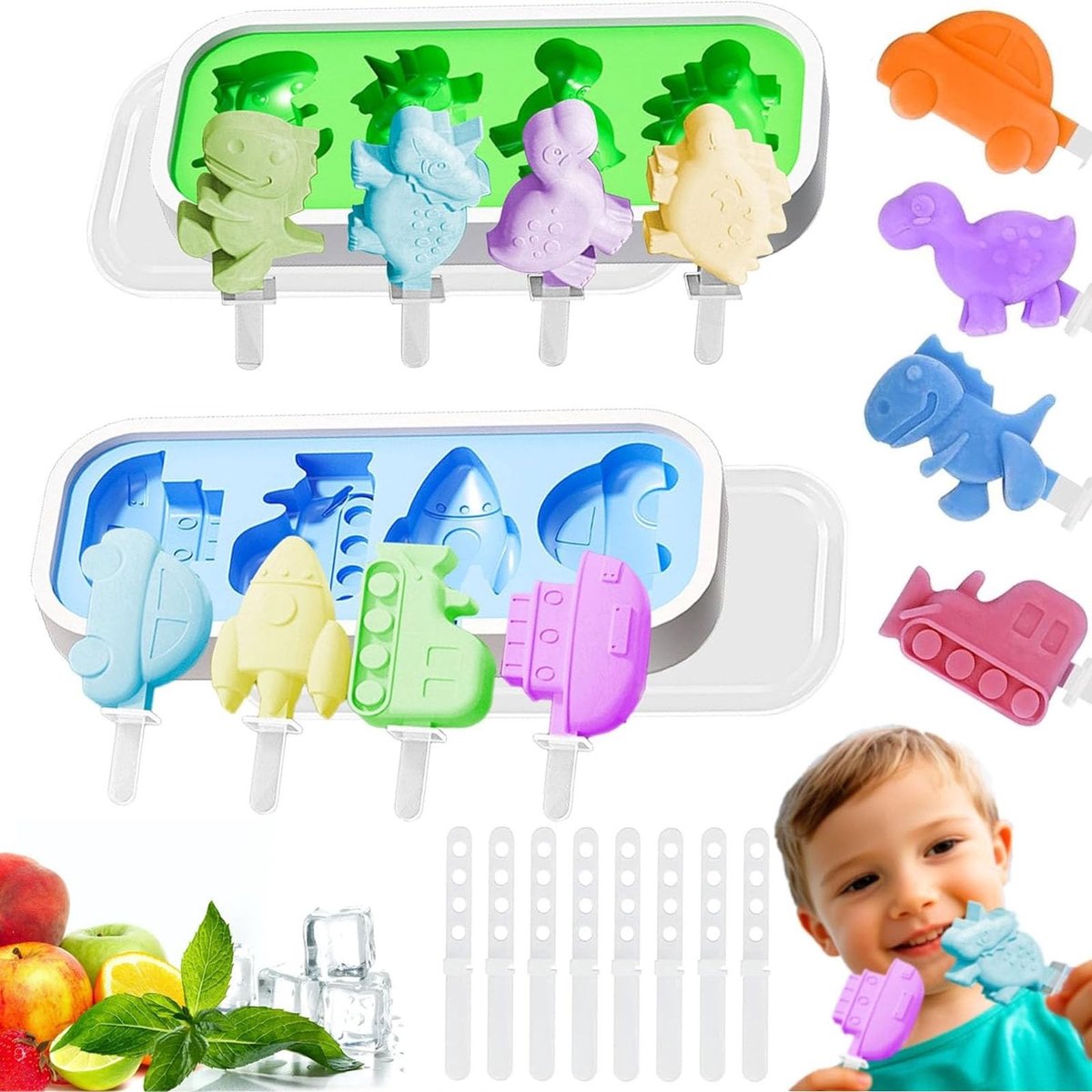 Dailygoods - IJslolly vormen van siliconen, 2 stuks ijsvormen met 12 stokjes, ijslolly mold popsicle set voor kinderen en volwassenen, BPA-vrij, siliconen dinosaurus en autovorm, geschikt voor doe-het-zelf