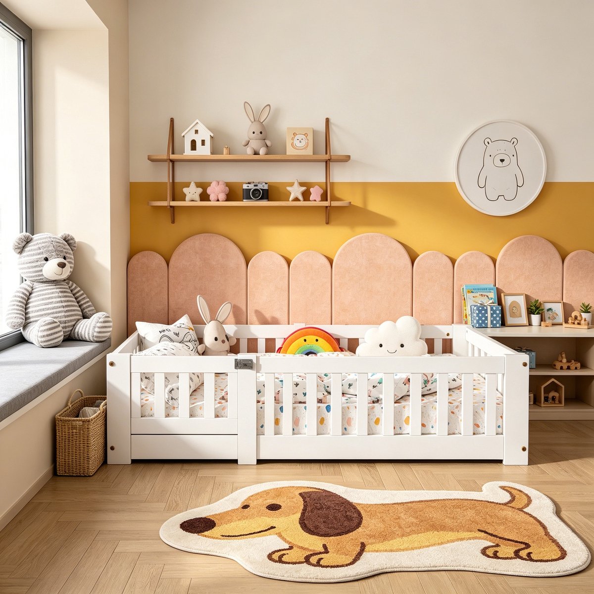MEXUS Montessori Kinderbed 90x200 cm met deur, Eenpersoonsbed met valbeveiliging en lattenbodem, massief grenen, zonder matras, Wit