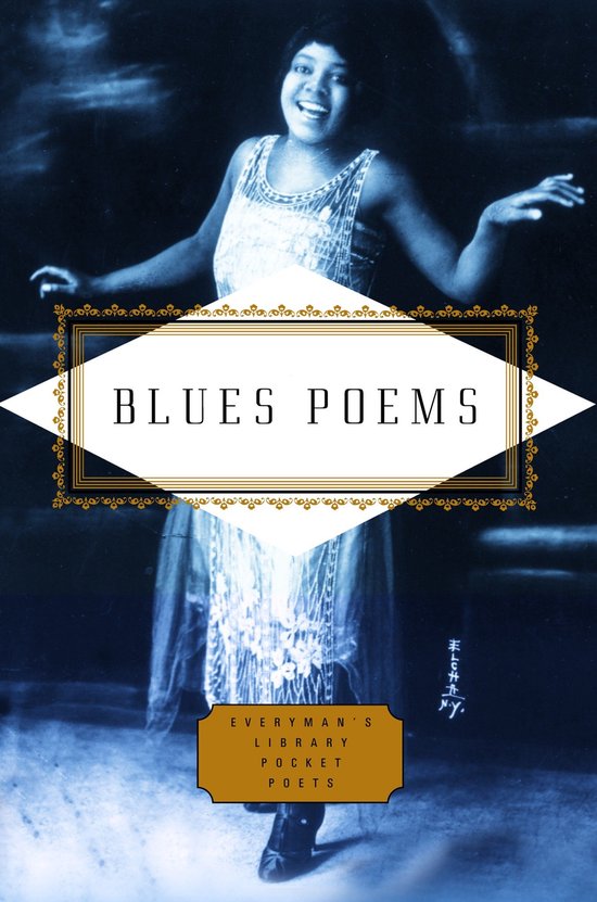 Een zwarte vrouw in een jurk met kant en parels, lachend. "BLUES POEMS" op een spandoek.