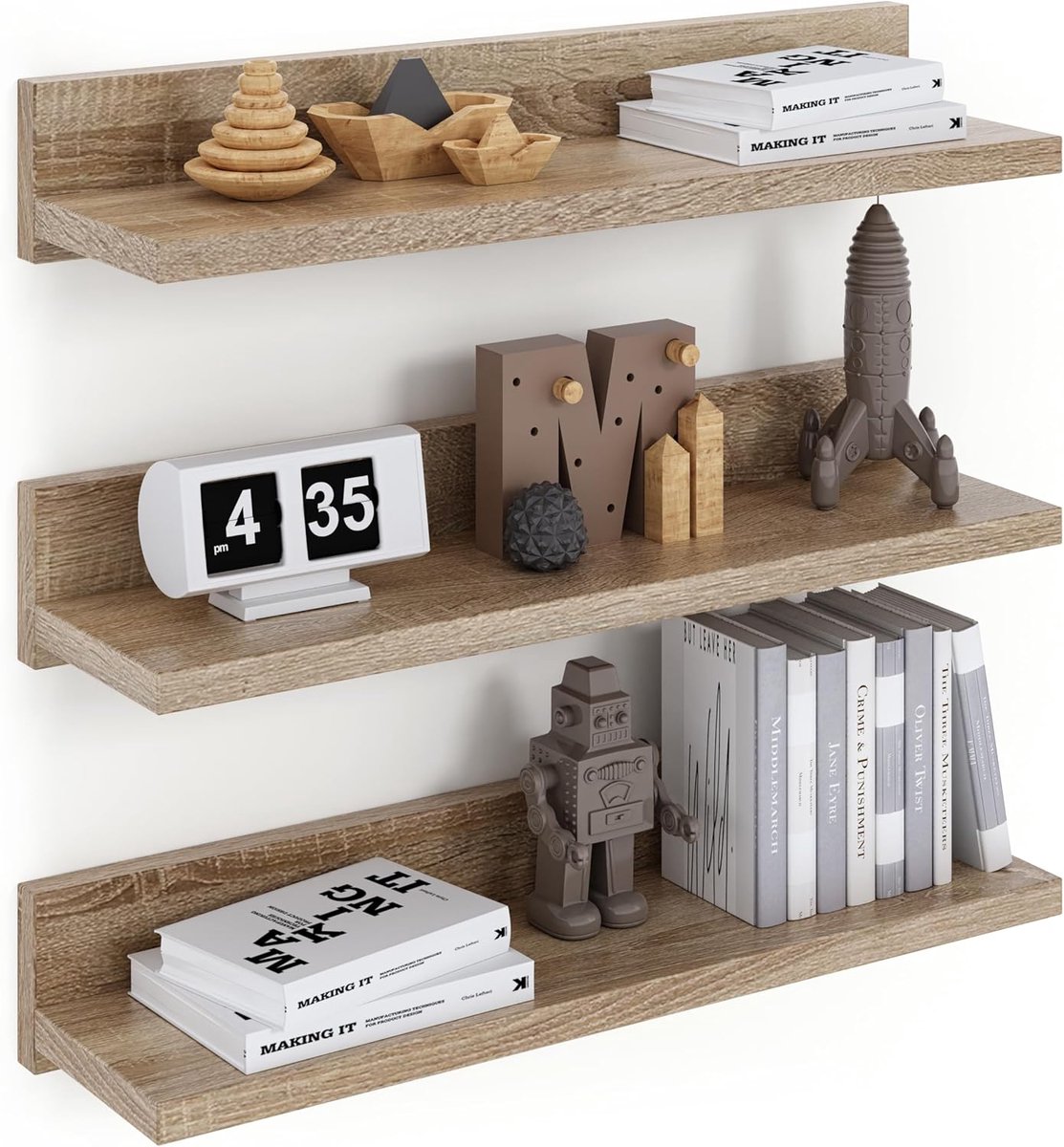 Zwevende Wandplanken, Set van 3 Planken, 39 cm, Sonoma | Hangende Wandplanken, Set van 3, voor Slaapkamer, Badkamer, Woonkamer, Keuken en Thuiskantoor
