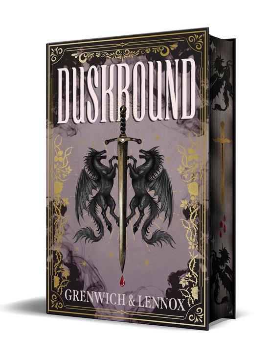 Boek kaft met de titel 'DUSKBOUND', twee zwarte draken, een zwaard en gouden ornamenten.
