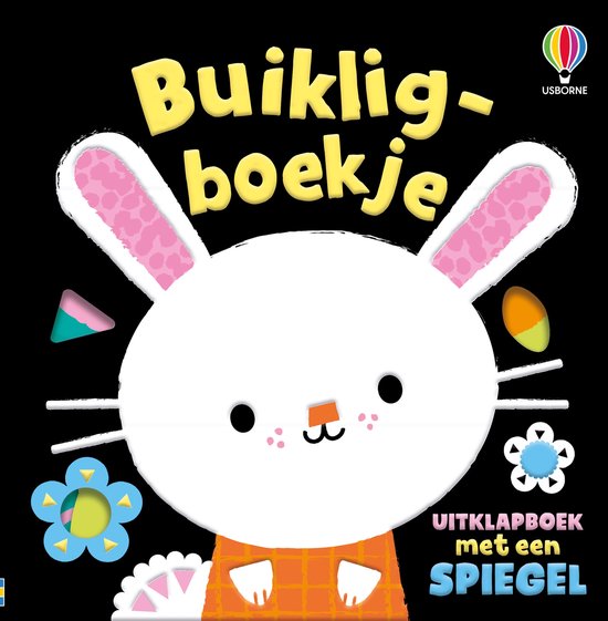 Buikligboekje met een spiegel: een wit konijn met oranje broek, roze oren en blauwe en gele bloemen.