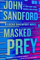 Boekcover "Masked Prey" van John Sandford, met de titel in pixelvorm in geel, blauw en groen.